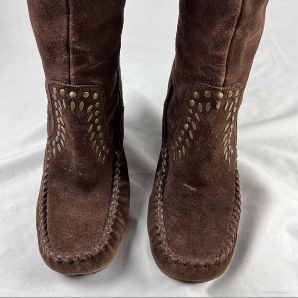 Sam Edelman Alabama Suede Brown Studded Knee High Wedge Boots 7.5 - Picture 9 of 10
